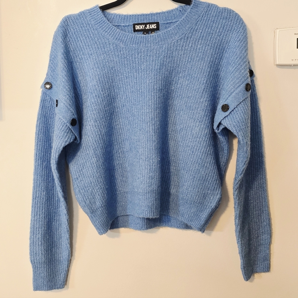 DKNY Blue Crew Neck Sweater with Button Accents Crop Waist. Size M. GUC